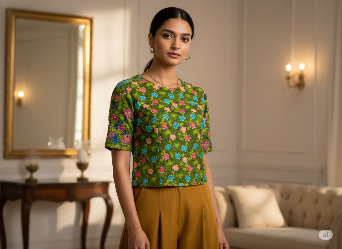 Grass Green Floral Digitally Printed Butter Crepe Fabric