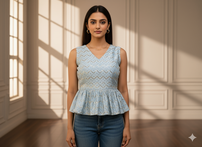 बेबी ब्लू मेटैलिक सेक्विन कढ़ाई मलाई साटन फैब्रिक