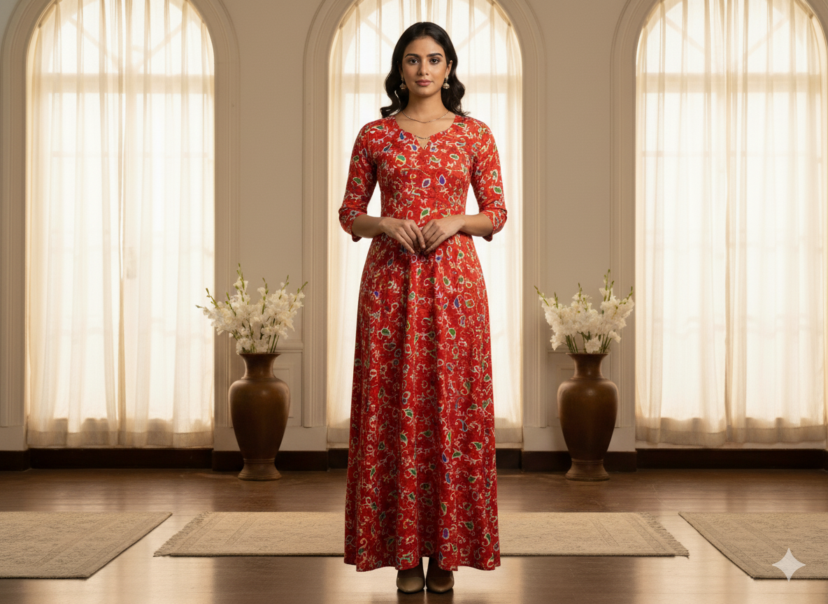 Blood Red Leaf Digitally Printed Butter Crepe Fabric