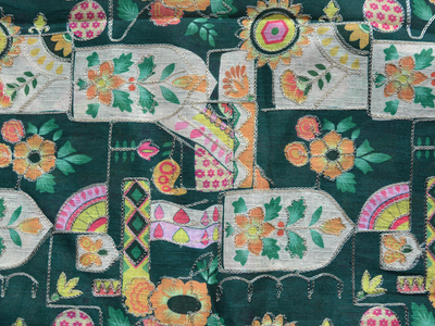 Dark Green Traditional Digital Print Heavy Zari Embroidered Mulberry Silk Fabric