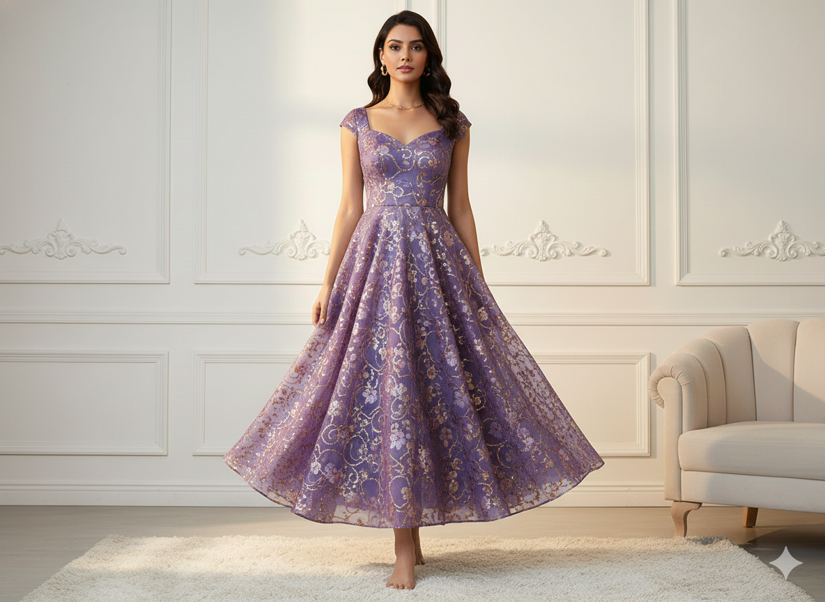 लाइट लैवेंडर एब्स्ट्रैक्ट सेक्विन वर्क ऑर्गेना फैब्रिक