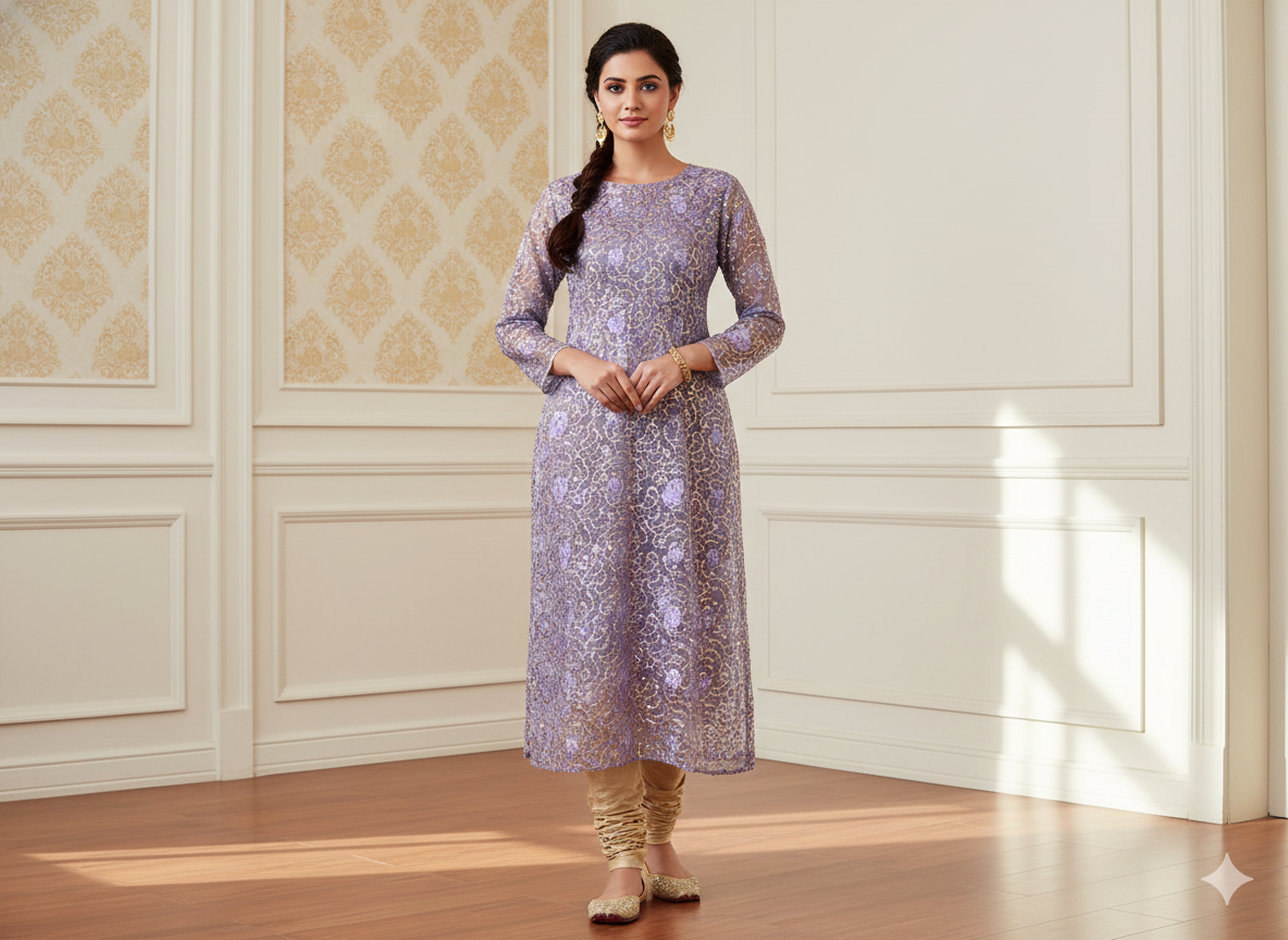 लाइट लैवेंडर एब्स्ट्रैक्ट सेक्विन वर्क ऑर्गेना फैब्रिक