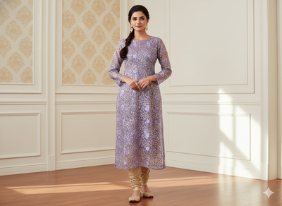 लाइट लैवेंडर एब्स्ट्रैक्ट सेक्विन वर्क ऑर्गेना फैब्रिक