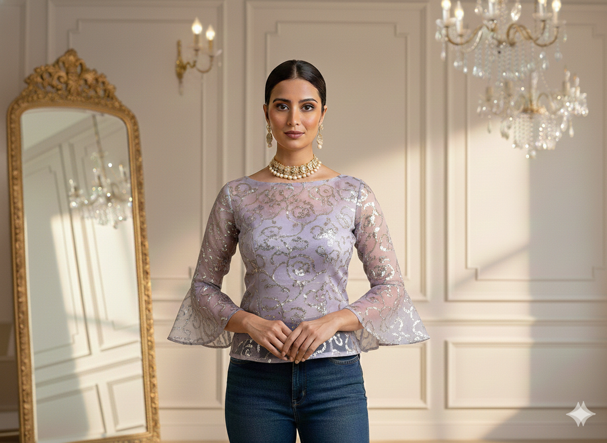 लाइट लैवेंडर एब्स्ट्रैक्ट सेक्विन वर्क ऑर्गेना फैब्रिक