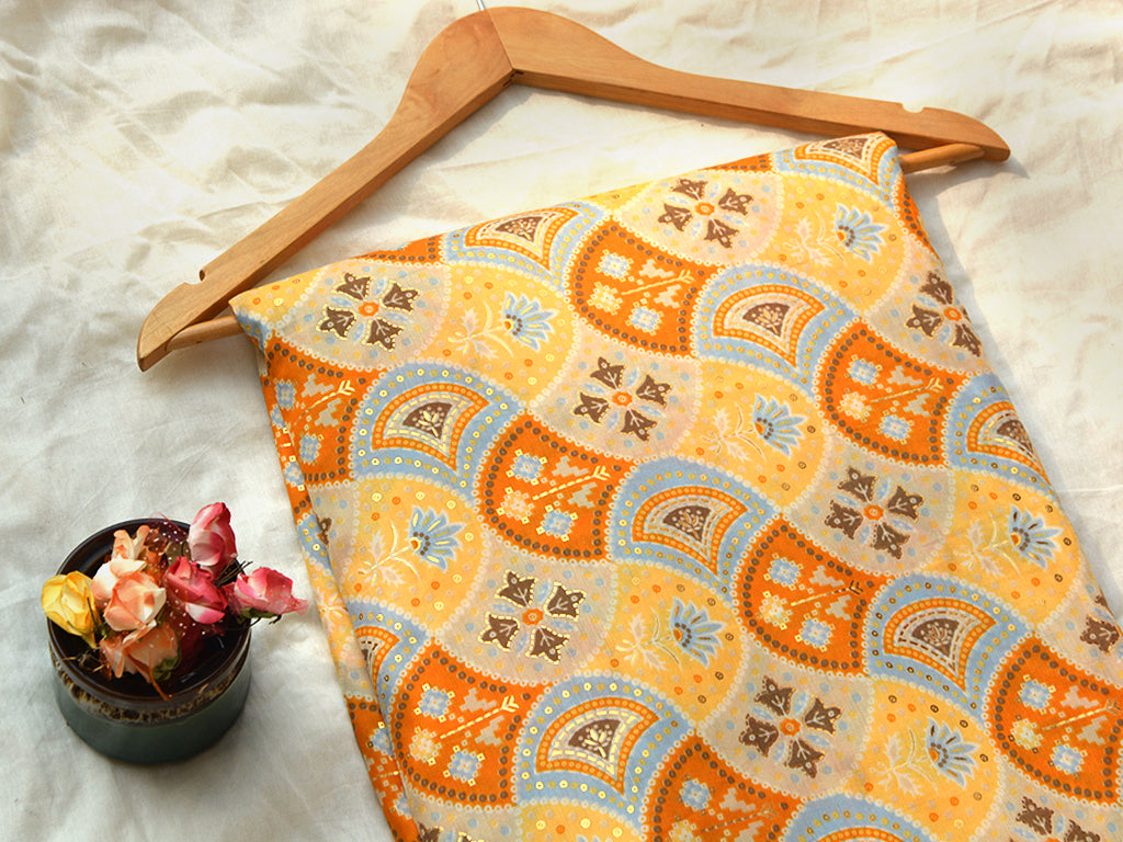 Precut of 2 Meter Yellow & Orange Geometric Soft Cotton Muslin Fabric