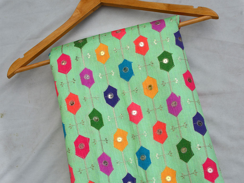 Green Geometric Sequins Embroidered Mulberry Silk Fabric