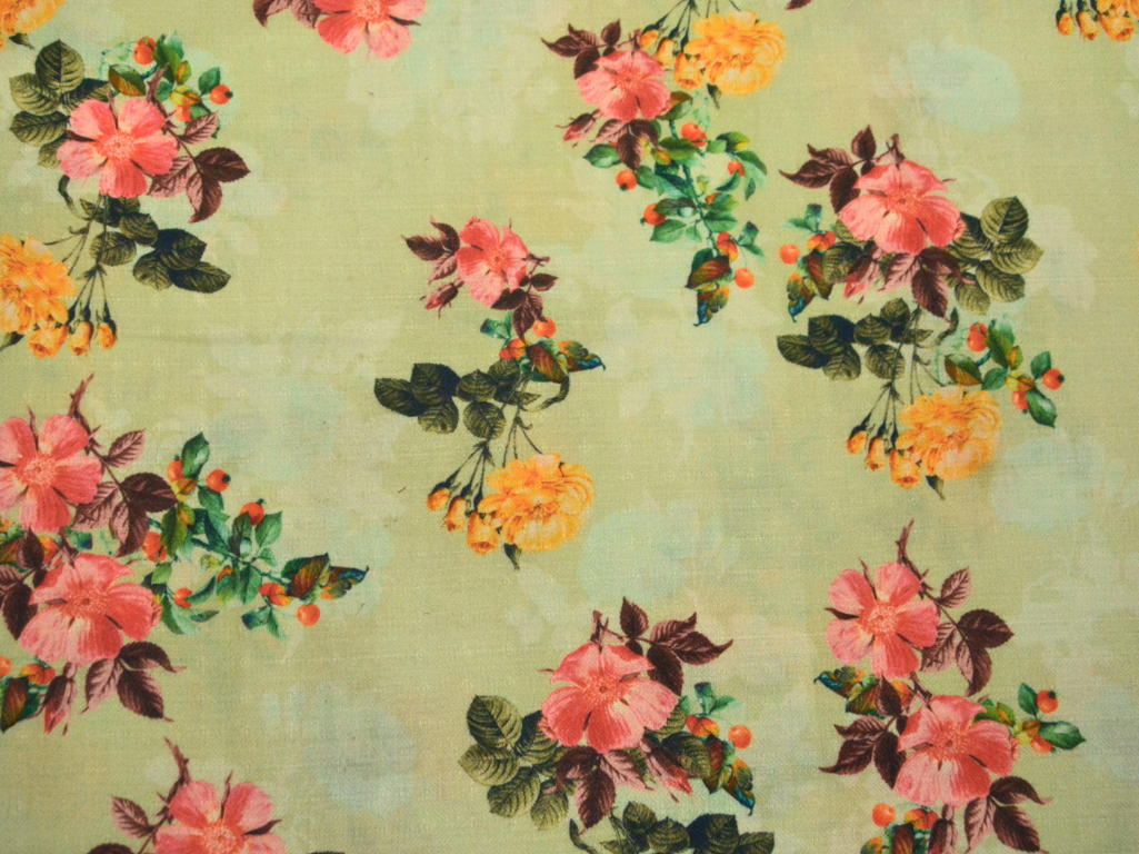 Pista Green Floral Printed Semi Pashimna Woolen Fabric