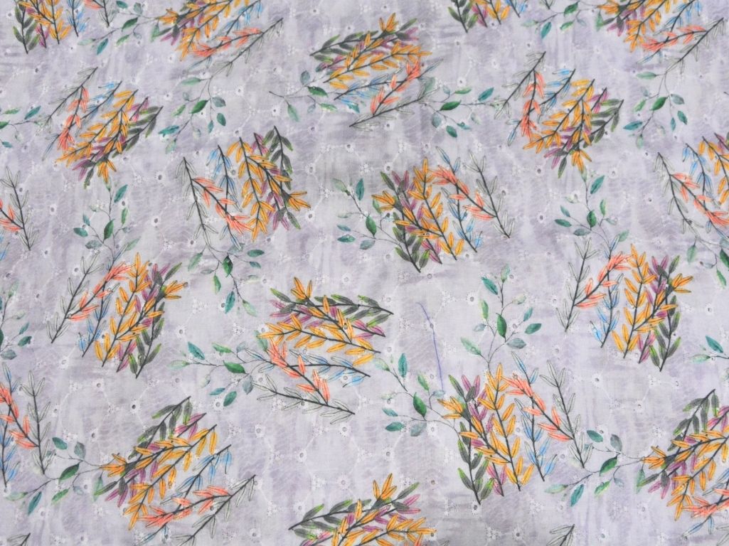 Light Purple 100 % Pure Cotton Chikan Embroidered Fabric