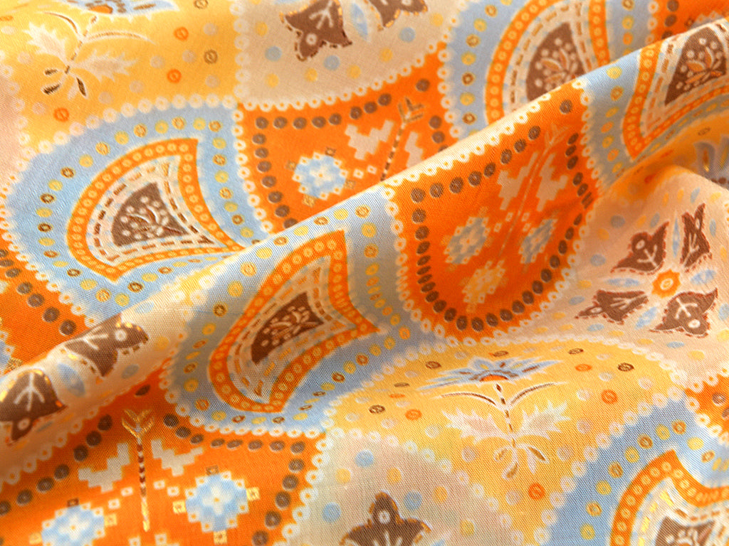 Precut of 2 Meter Yellow & Orange Geometric Soft Cotton Muslin Fabric