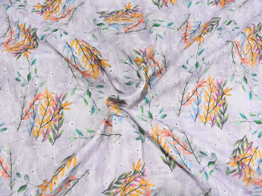 Light Purple 100 % Pure Cotton Chikan Embroidered Fabric