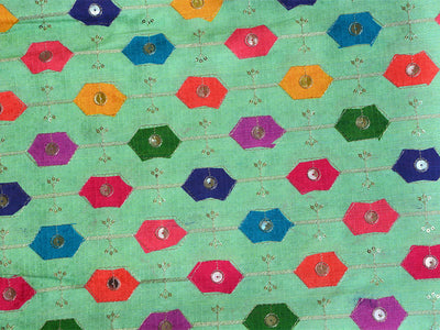 Green Geometric Sequins Embroidered Mulberry Silk Fabric