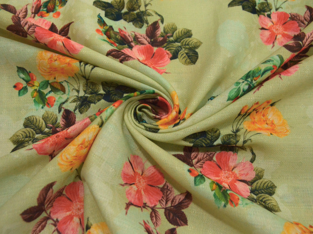 Pista Green Floral Printed Semi Pashimna Woolen Fabric