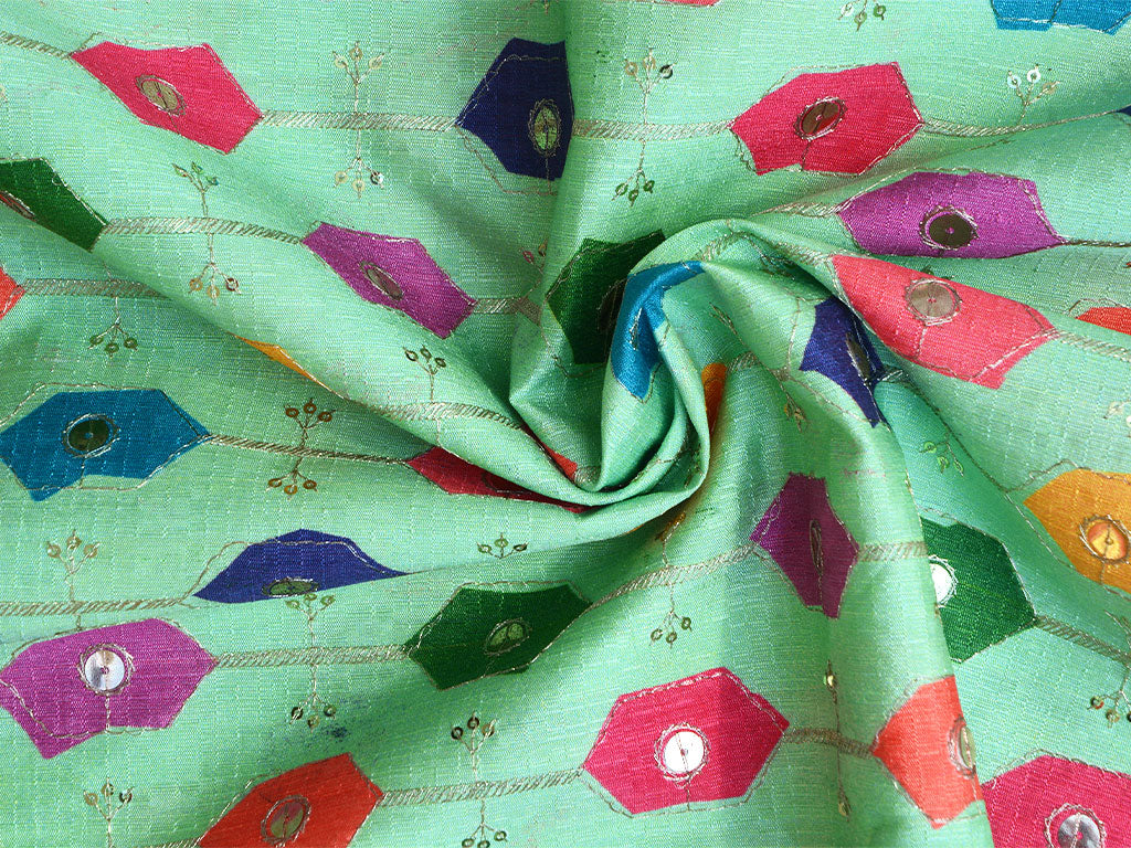 Green Geometric Sequins Embroidered Mulberry Silk Fabric