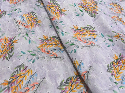 Light Purple 100 % Pure Cotton Chikan Embroidered Fabric