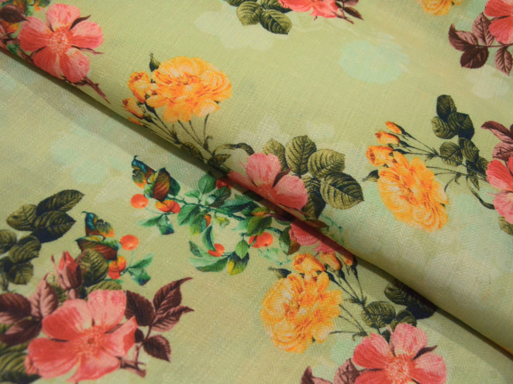 Pista Green Floral Printed Semi Pashimna Woolen Fabric