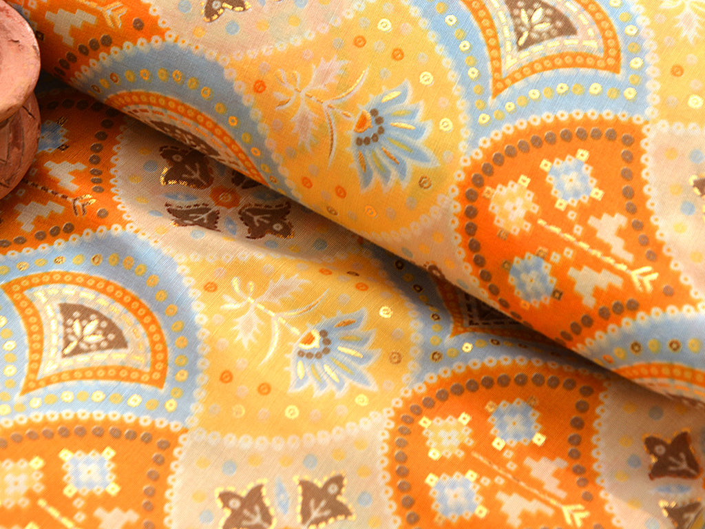 Precut of 2 Meter Yellow & Orange Geometric Soft Cotton Muslin Fabric