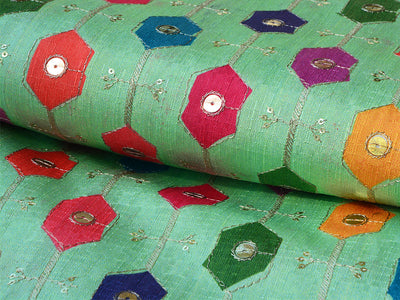 Green Geometric Sequins Embroidered Mulberry Silk Fabric