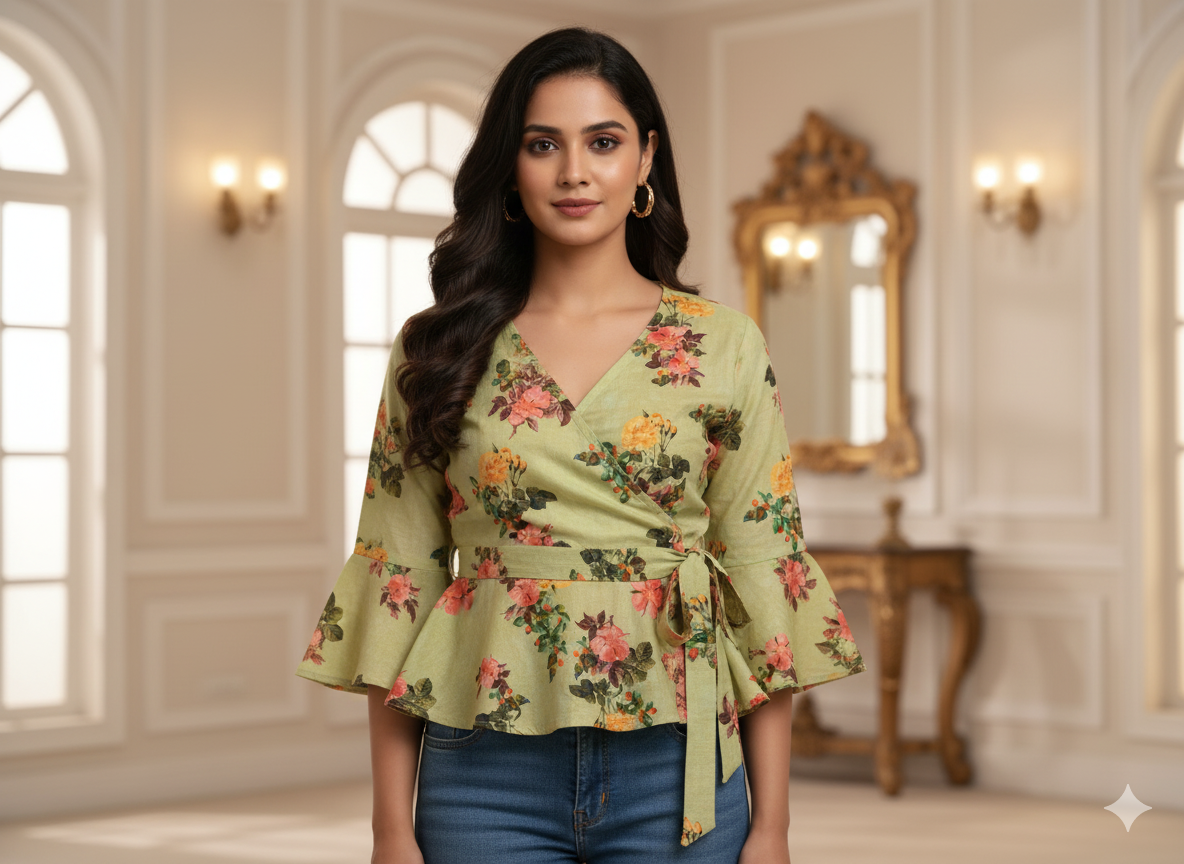 Pista Green Floral Printed Semi Pashimna Woolen Fabric