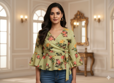 Pista Green Floral Printed Semi Pashimna Woolen Fabric