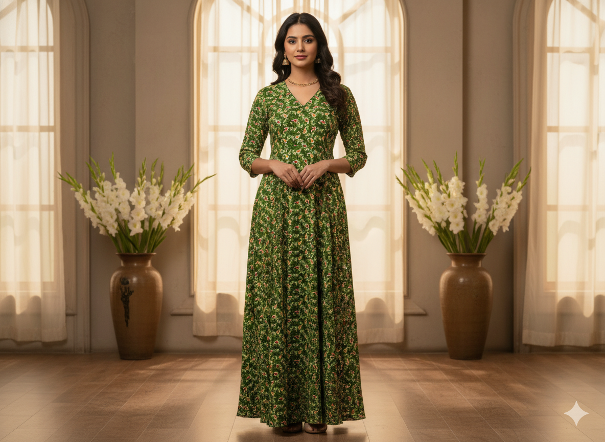 Brigth Green Leaf  Digitally Printed Butter Crepe Fabric