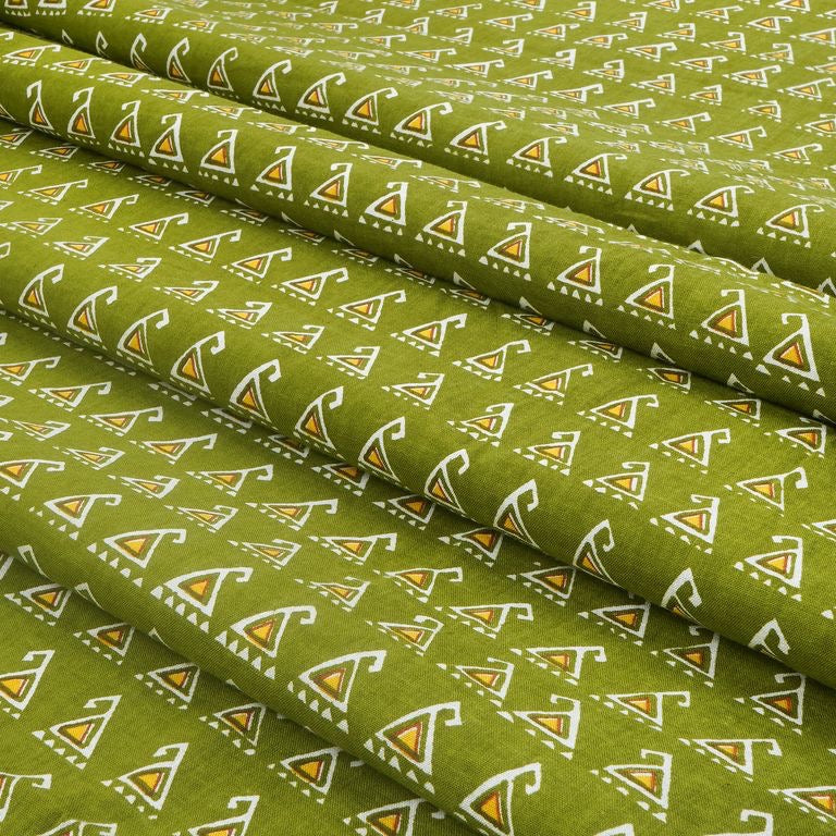 Olive Green & Yellow Motif Printed Pure Cotton Fabric