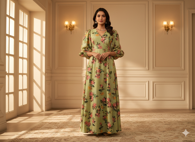 Pista Green Floral Printed Semi Pashimna Woolen Fabric