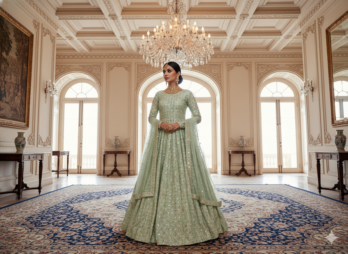 हल्के पेस्टल हरे रंग का मेटैलिक सेक्विन कढ़ाई वाला मलाई साटन कपड़ा