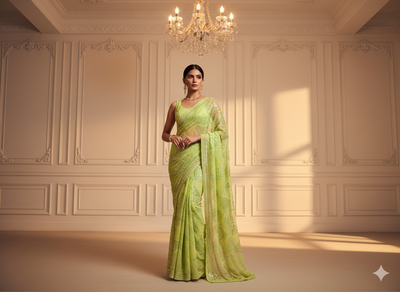 Pista Green Natural Crepe With Zari Embroidered Fabric