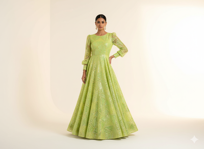 Pista Green Natural Crepe With Zari Embroidered Fabric