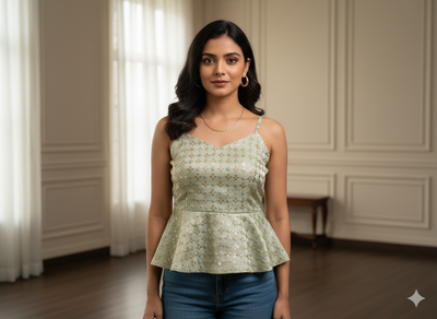 हल्के पेस्टल हरे रंग का मेटैलिक सेक्विन कढ़ाई वाला मलाई साटन कपड़ा