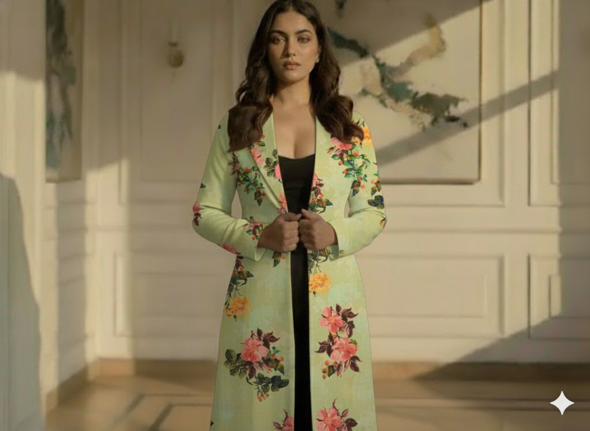 Pista Green Floral Printed Semi Pashimna Woolen Fabric