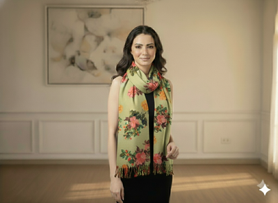 Pista Green Floral Printed Semi Pashimna Woolen Fabric