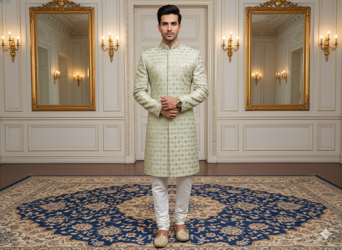 हल्के पेस्टल हरे रंग का मेटैलिक सेक्विन कढ़ाई वाला मलाई साटन कपड़ा