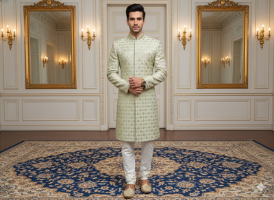 हल्के पेस्टल हरे रंग का मेटैलिक सेक्विन कढ़ाई वाला मलाई साटन कपड़ा