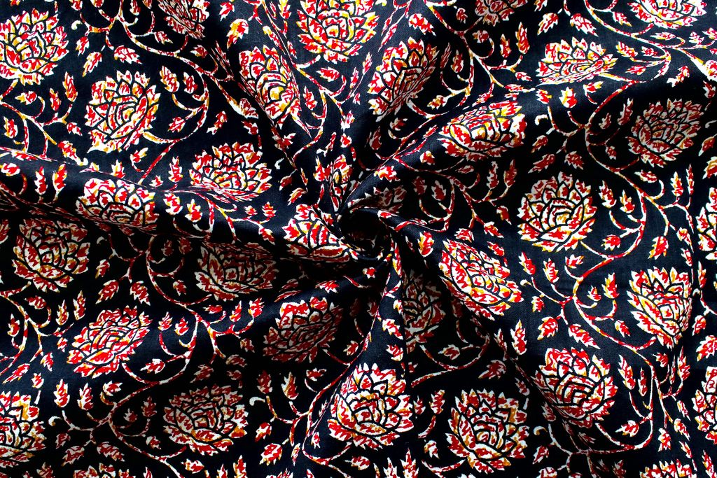 Black And Maroon Floral Printed Pure Cotton Fabric