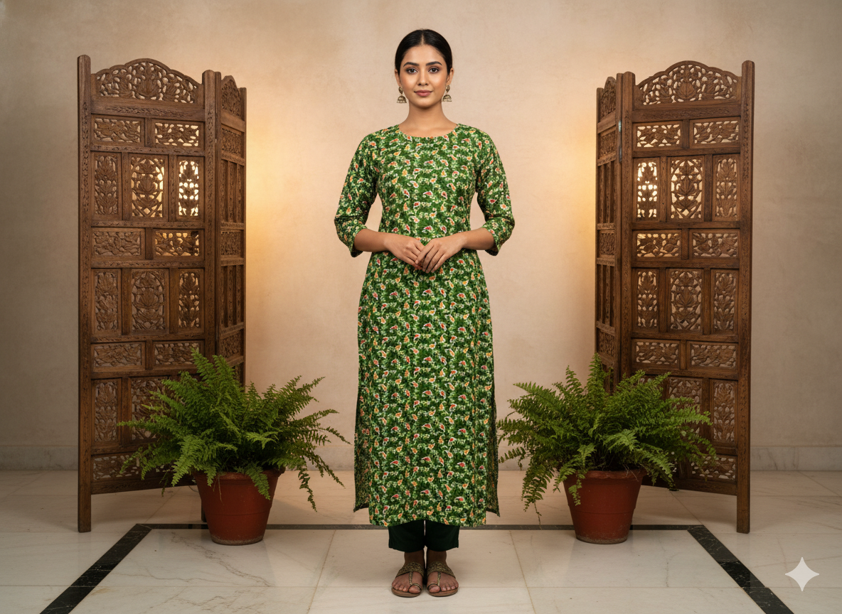 Brigth Green Leaf  Digitally Printed Butter Crepe Fabric