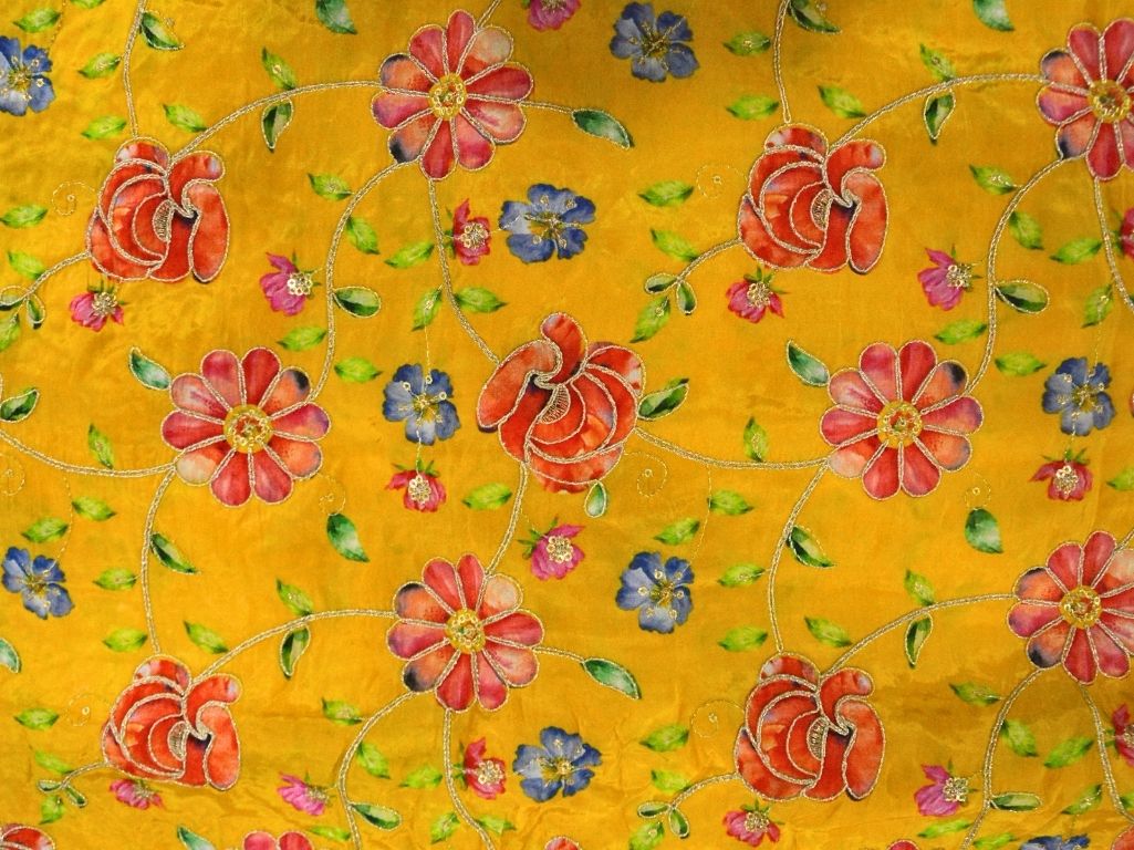 Yellow Natural Crepe With Zari Embroidered Fabric