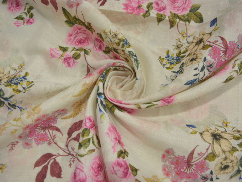 Off White Floral Printed Semi Pashimna Woolen Fabric
