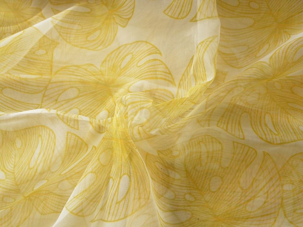Mustard Yellow Leaf Digital Printed Liquid Organza Fabric