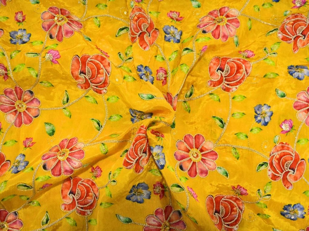 Yellow Natural Crepe With Zari Embroidered Fabric
