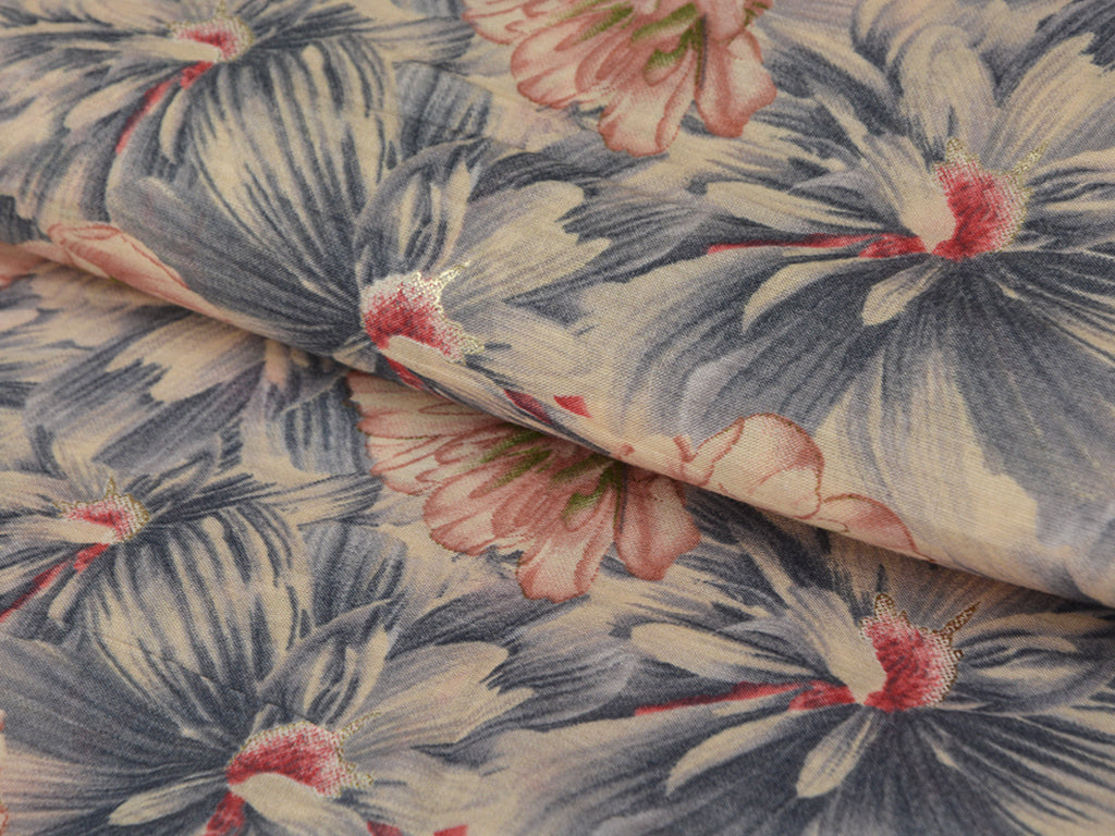 Light blue & Cream Floral Pure Mul Mul Cotton Fabric