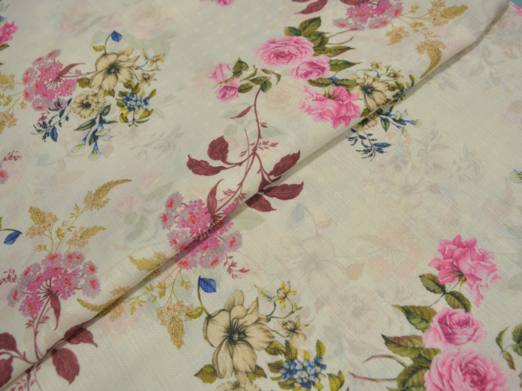 Off White Floral Printed Semi Pashimna Woolen Fabric