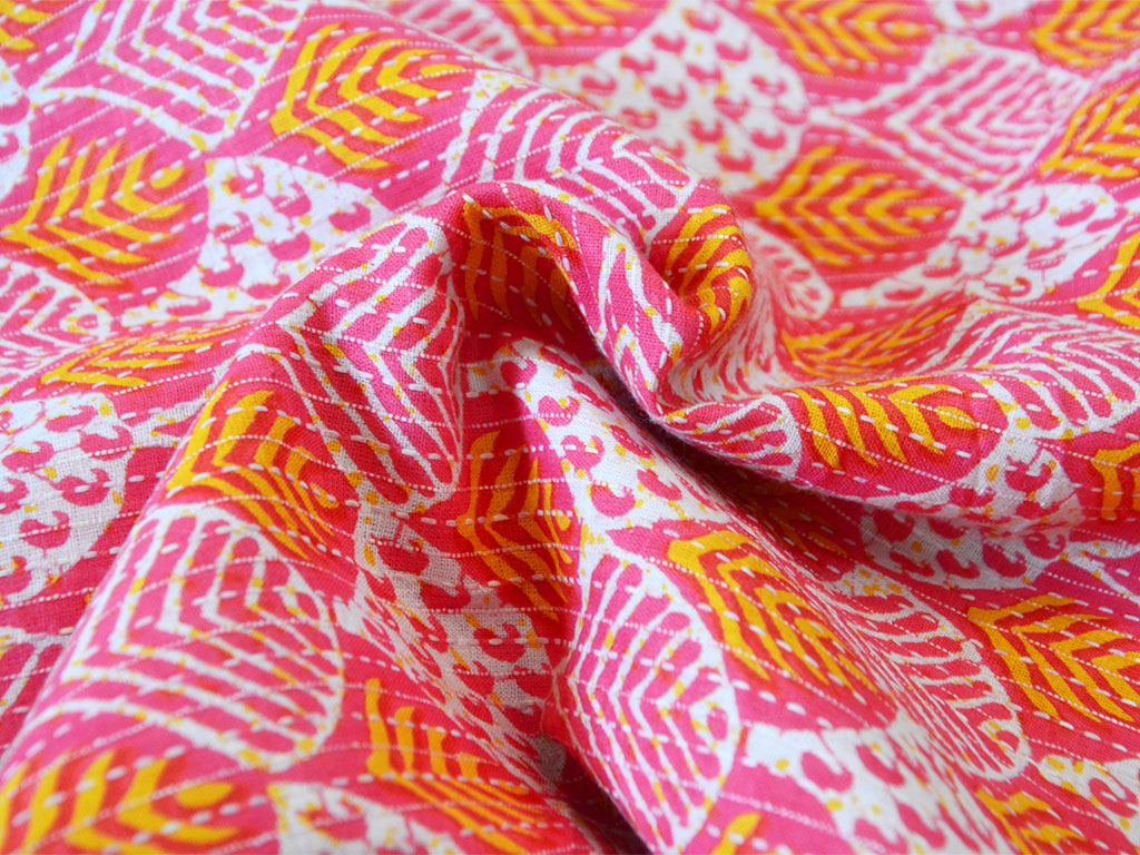 Pink Floral Pure Cotton Kantha Fabric