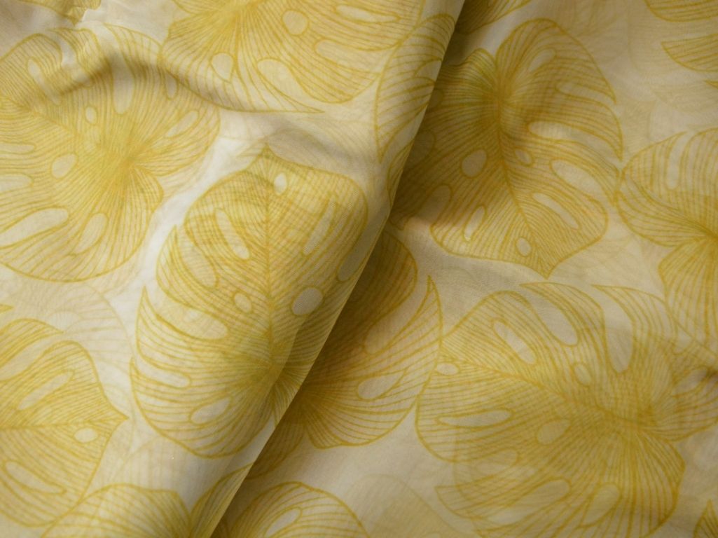 Mustard Yellow Leaf Digital Printed Liquid Organza Fabric