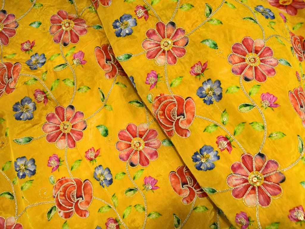 Yellow Natural Crepe With Zari Embroidered Fabric