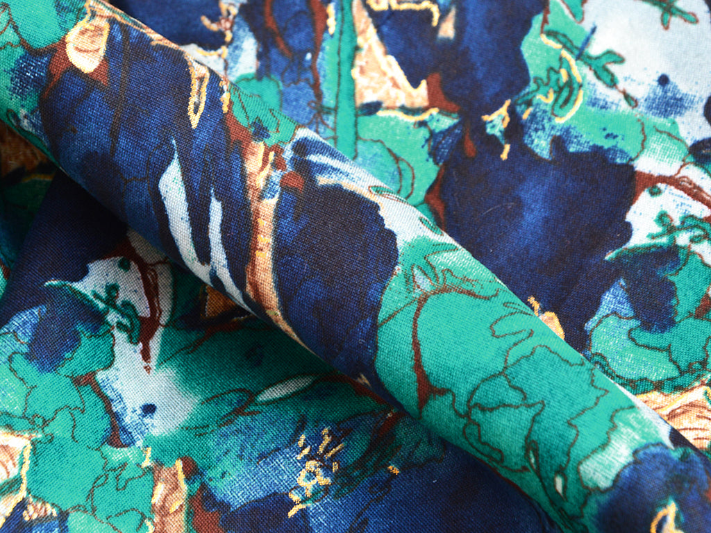 Blue Abstract Digital Print Cotton Rayon Fabric