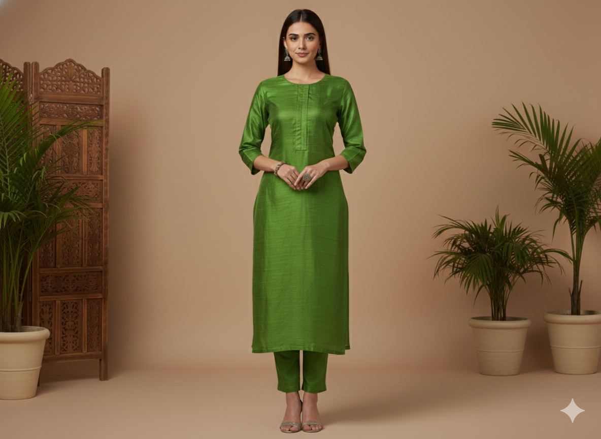 Parrot Green Plain Bangalore Raw Silk Fabric  (Wholesale)