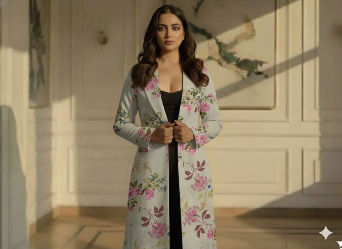 Off White Floral Printed Semi Pashimna Woolen Fabric