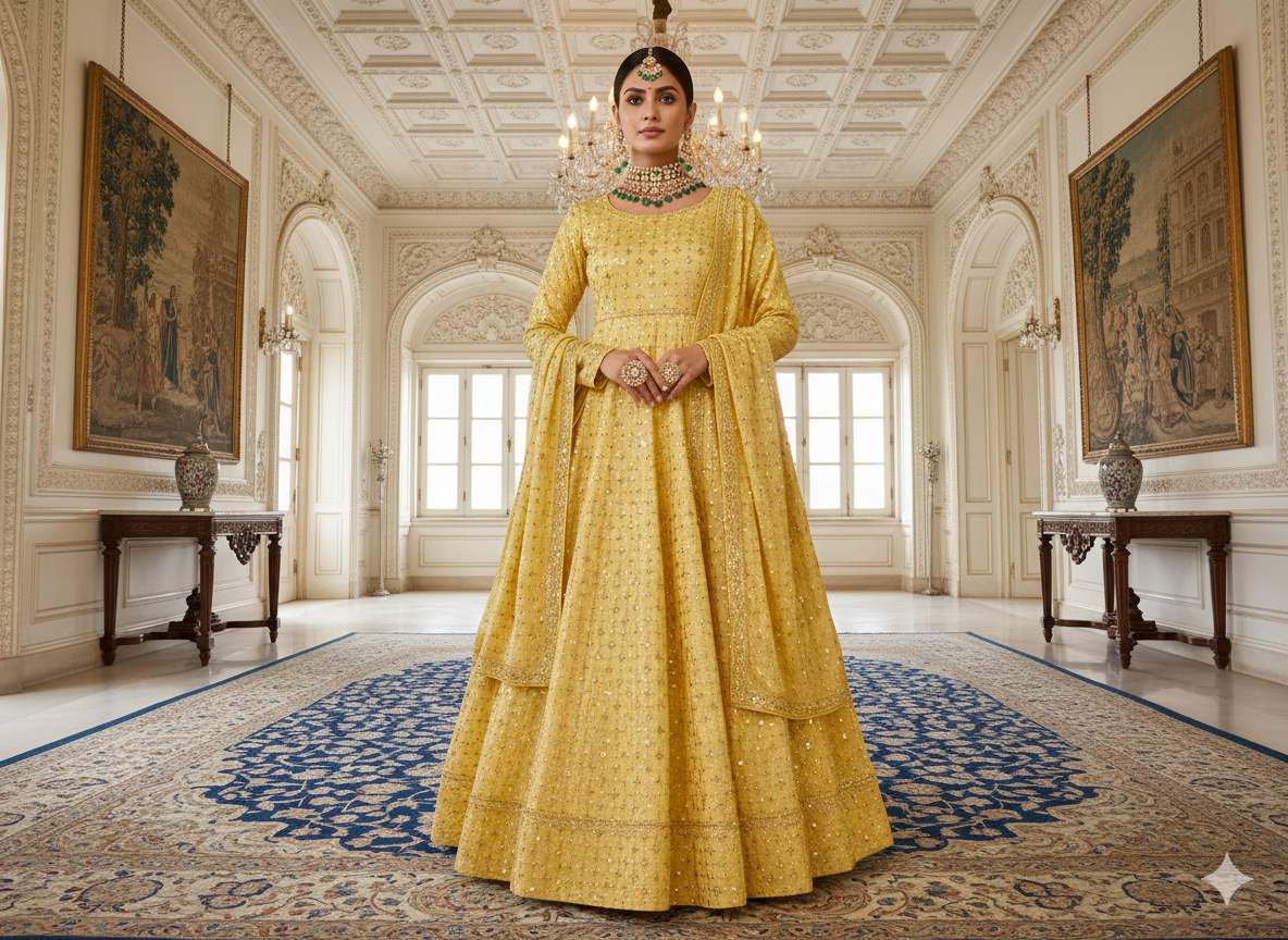 हल्के पीले रंग का मेटैलिक सेक्विन कढ़ाई वाला मलाई साटन कपड़ा