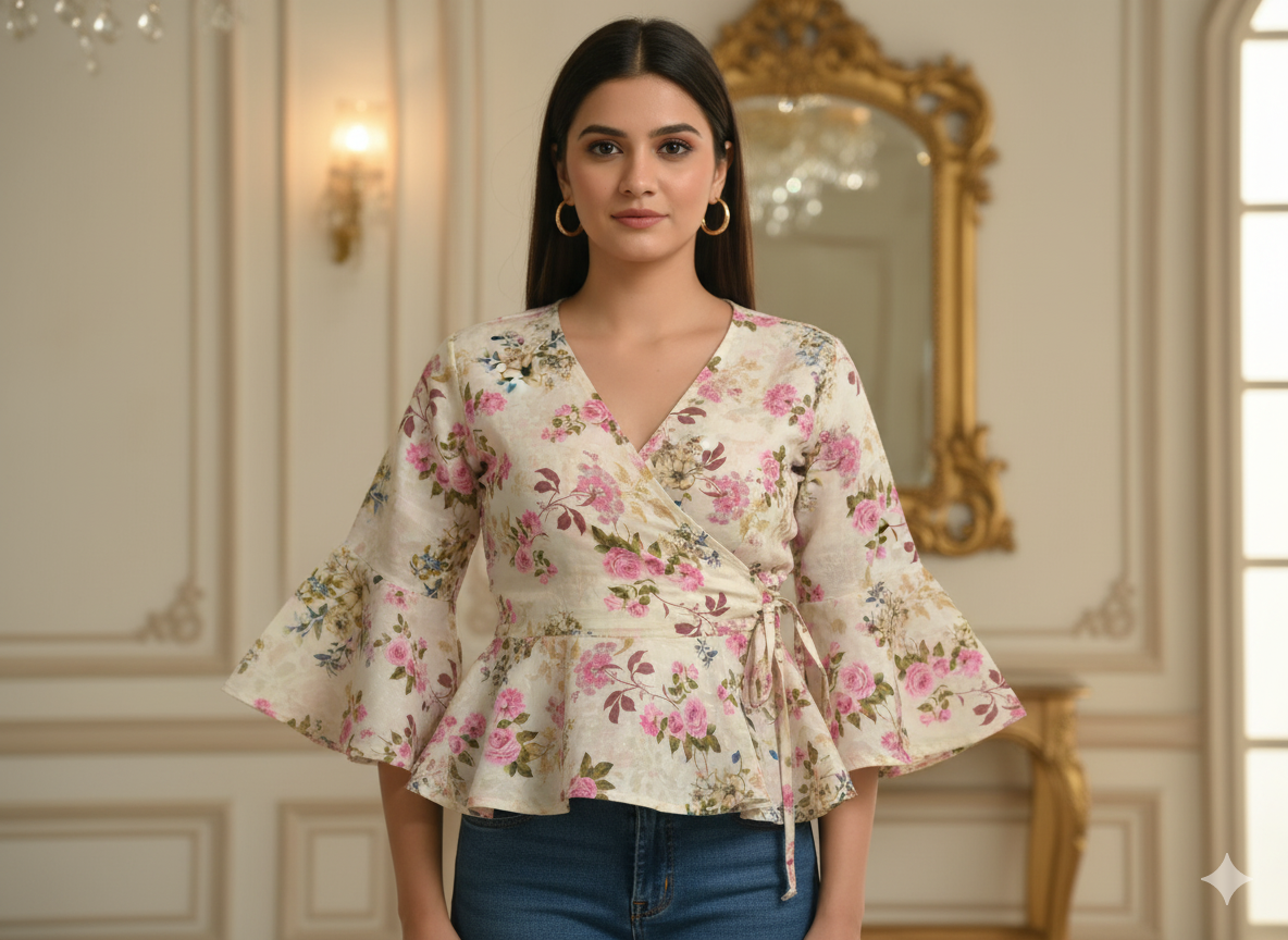 Off White Floral Printed Semi Pashimna Woolen Fabric